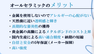 オールセラミックのメリット・金属を使用しないのでアレルギーの心配がない・天然歯に近い透明感と輝き・長期的な審美性の獲得・貴金属の高騰によるメタルボンドのコスト上昇・国内生産による高い適合精度・納期の短縮・自信と安全の5年保証（メーカー保障）・高い強度